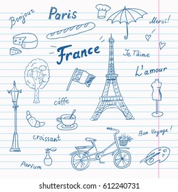 Set of Paris french symbols,landmarks on notebook sheet.Painted with blue pen.Eiffel Tower,perfume and fashion,croissant,coffee and flag.used the words: France,Paris,love you,thank you. 