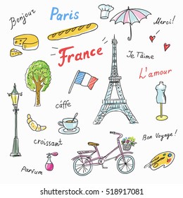 Set of Paris french symbols,landmarks.Travel icons Eiffel Tower, cheese, perfume and fashion,croissant,coffee and flag.used the words: France,Paris,love you,thank you, hello,croissant,perfume,travel