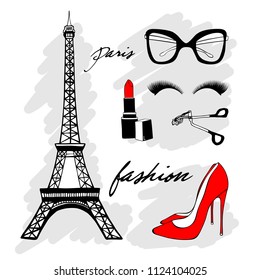 Set Paris with Hand drawn eiffel tower, red shoes, red lipstick, eye glasses, eyelashes, eyelash curler, glasses and Inscription lettering fashion paris. Fashion illustration kit vogue style