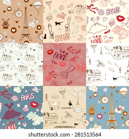 set of Paris hand drawn seamless pattern