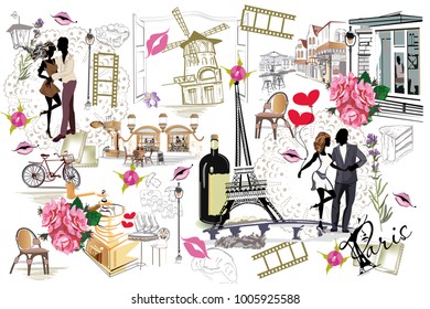 Set of Paris illustrations with fashion girls, cafes and musicians. Vector illustration.