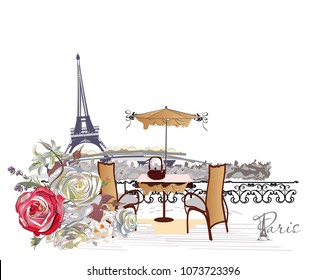 Set of Paris illustrations with fashion girls, cafes and musicians. Vector illustration.