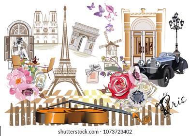 Set of Paris illustrations with fashion girls, cafes and musicians. Vector illustration.