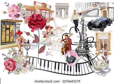 Set of Paris illustrations with fashion girls, cafes and musicians. Vector illustration.