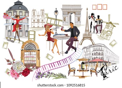 Set of Paris illustrations with fashion girls, cafes and musicians. Vector illustration.