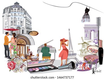 Set of Paris illustrations with fashion girls, cafes and musicians. Vector illustration.