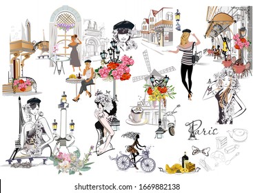 Set of Paris illustrations with fashion girls, cafes and musicians. Vector illustration.