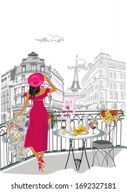 Set of Paris illustrations with fashion girls, cafes and musicians. Vector illustration.