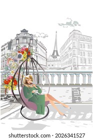 Set of Paris illustrations with fashion girls, cafes and sights. Vector illustration.