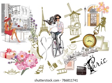 Set of Paris illustrations with fashion girls, cafes and musicians. Vector illustration.