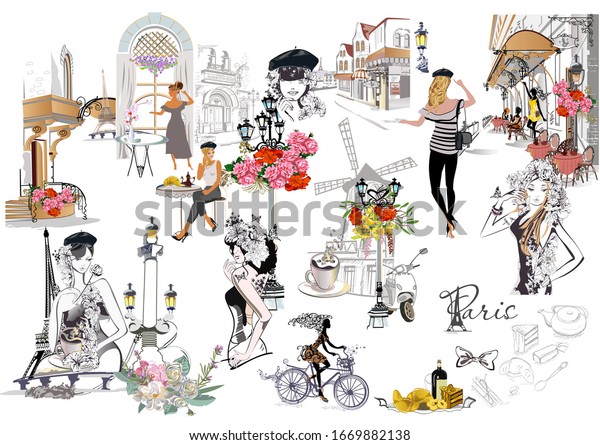 Set Paris Illustrations Fashion Girls Cafes Stock Vector Royalty Free