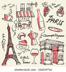 Set Of Paris Landmarks And Icons Doodle Vector