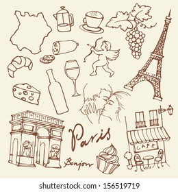 Set of Paris landmarks and icons doodle vector