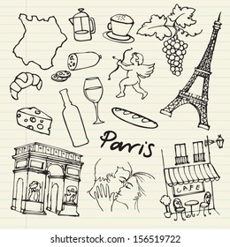 Set of Paris landmarks and icons doodle vector