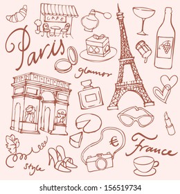 Set of Paris landmarks and icons doodle vector