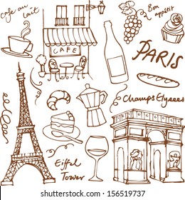 Set of Paris landmarks and icons doodle vector