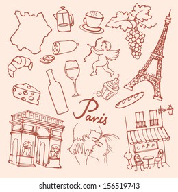 Set of Paris landmarks and icons doodle vector