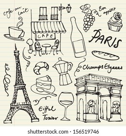 Set of Paris landmarks and icons doodle vector