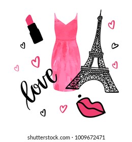 Set of Paris symbols and elements in black and pink color. Watercolor painted dress, eiffel tower, lips, lipstick, love, hearts. Valentines day or romantic cards design