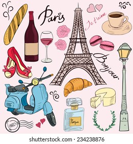 Set of Paris symbols and elements in color. Translation of phrases: hello, I love you, perfume