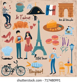 Set of Paris symbols and landmarks. Vector illustration