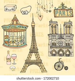 Set of Paris symbols made in vector. Eiffel tower, moulin rouge, Notre Dame De Paris, wine, cheese. 