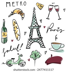 Set of Paris themed, hand drawn illustrations 