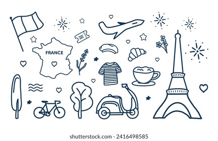 Set Paris Travel Doodle Line Art vector Illustration. Hand Drawn.  For stickers, background, card, invitation, pattern, social media.