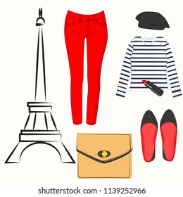 Set Paris with various symbols eiffel tower, lipstick, shoes, Sailor's Striped Vest, beret