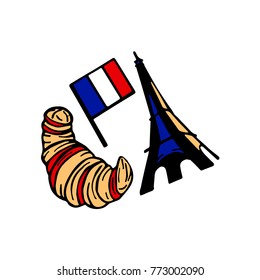Set in Paris vector illustration. Doodle style. Design, print, decor, textile, paper