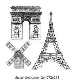 A set of Parisian attractions. Eiffel Tower, Arc de Triomphe stars, the Moulin de Galette mill. Vector graphics, hand-drawn black and white illustrations. Isolates on a white background.