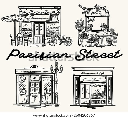 Set of Parisian charming storefronts vector hand drawn illustration set