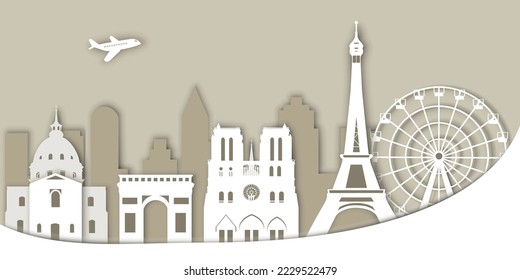 Set of the Parisian landmarks (Les Invalides, Triumphal Arch, Notre Dame Cathedral, Eiffel Tower) in paper cut style