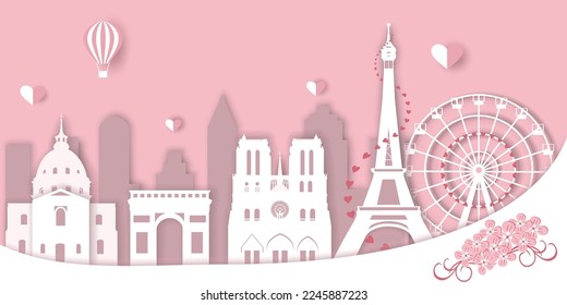 Set of the Parisian landmarks in paper cut style