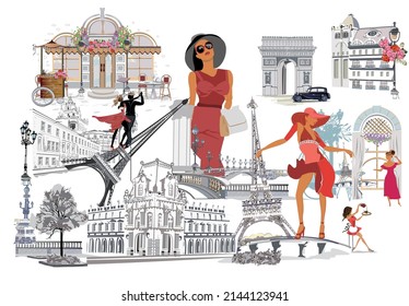 Set of Parisian symbols with cafes, fashion girls and musicians. Hand drawn vector background.