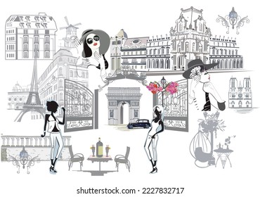 Set of Parisian symbols with cafes, fashion girls and musicians. Hand drawn vector background.