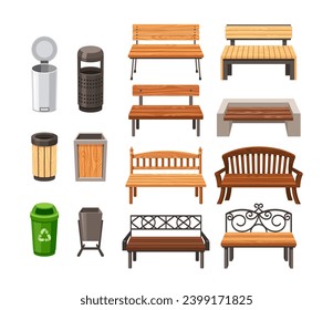 Set of Park Benches Provide Resting Spots, Inviting Tranquility. Garbage Baskets Await Waste, Maintaining Cleanliness