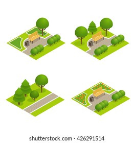 Set von Parkkonzepten mit Baum, Bank und Gehsteig im 3D-flachen isometrischen Stil.  Vektorgrafik.