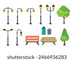 Set of park elements with street lamps and benches. Trees, trash bins, and various park furniture