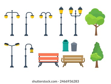 Set of park elements with street lamps and benches. Trees, trash bins, and various park furniture