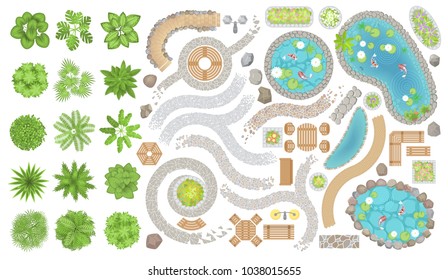 Set of park elements. (Top view) Collection for landscape design, plan, maps. (View from above) Trees, plants, paths, furniture, ponds, stones.