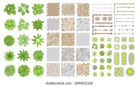 Set of park elements. (Top view) Collection for landscape design, plan, maps. (View from above) Pavements, trees, flower beds.