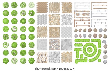 Set of park elements. (Top view) Collection for landscape design, plan, maps. (View from above) Fences, pavements, stones, trees.