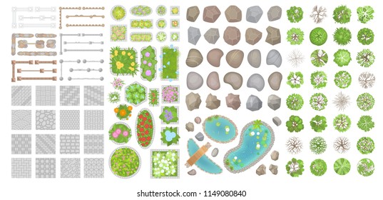 Set of park elements. (Top view) Collection for landscape design, plan, maps. (View from above) Pavements, stones, trees, flower beds, fence.