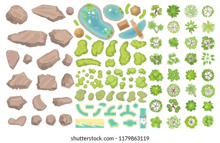 Set of park elements. (Top view) Collection for landscape design, plan, maps. (View from above) Stones, ponds, plants, bushes, trees. 