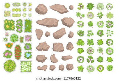 Set of park elements. (Top view) Collection for landscape design, plan, maps. (View from above) Stones, plants, bushes, trees, flower beds. 