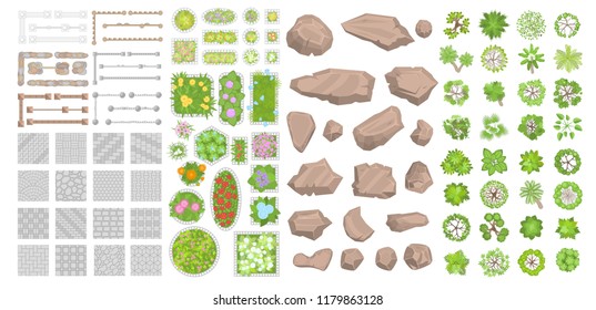 Set of park elements. (Top view) Collection for landscape design, plan, maps. (View from above) Pavements, stones, trees, flower beds, fence.