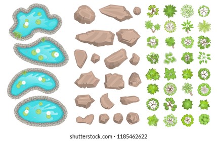 Set of park elements. (Top view) Collection for landscape design, plan, maps. (View from above) Stones, ponds, plants, bushes, trees. 