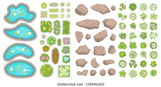 Set of park elements. (Top view) Collection for landscape design, plan, maps. (View from above) Ponds, stones, trees, flower beds.