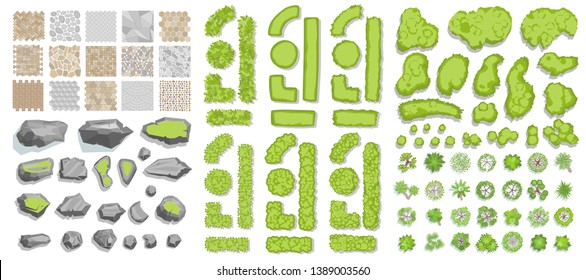 Set of park elements. (Top view) Collection for landscape design, plan, maps. (View from above) Paths, stones, green fences, bushes and trees.